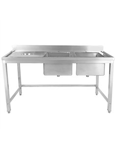 Commercial Stainless Steel Double Sink with 2 Right Bowls &amp Left Scrapping Hole + Splashback 1800x600x950mm | Stalwart DA-WHS