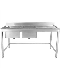 Commercial Stainless Steel Double Sink with 2 Left Bowls &amp Right Scrapping Hole + Splashback 2000x700x950mm | Stalwart DA-WHS