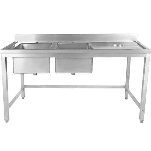 Commercial Stainless Steel Double Sink with 2 Left Bowls &amp Right Scrapping Hole + Splashback 2000x700x950mm | Stalwart DA-WHS