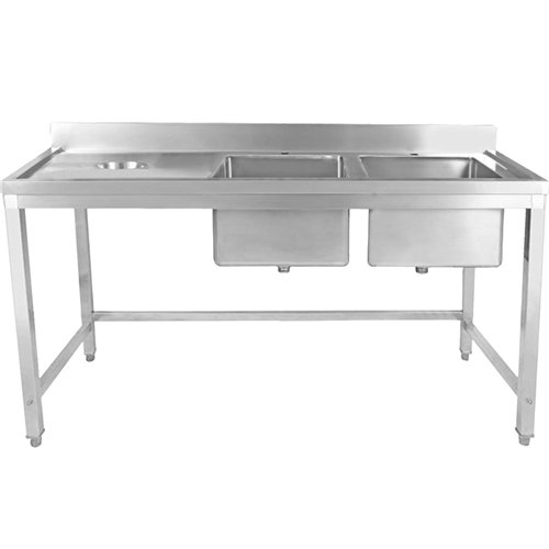 Commercial Stainless Steel Double Sink with 2 Right Bowls &amp Left Scrapping Hole + Splashback 2000x700x950mm | Stalwart DA-WHS