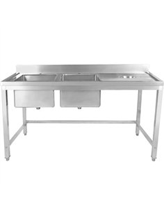Commercial Stainless Steel Double Sink with 2 Left Bowls &amp Right Scrapping Hole + Splashback 2000x600x950mm | Stalwart DA-WHS