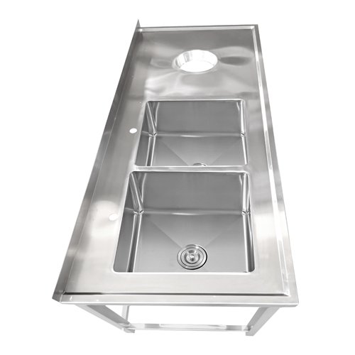 Commercial Stainless Steel Double Sink with 2 Left Bowls &amp Right Scrapping Hole + Splashback 2000x600x950mm | Stalwart DA-WHS