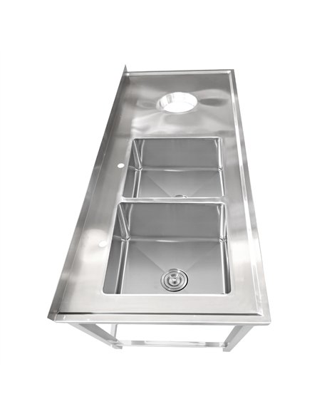 Commercial Stainless Steel Double Sink with 2 Left Bowls &amp Right Scrapping Hole + Splashback 2000x600x950mm | Stalwart DA-WHS