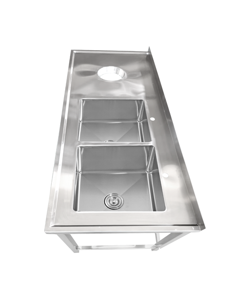 Commercial Stainless Steel Double Sink with 2 Right Bowls &amp Left Scrapping Hole + Splashback 2000x600x950mm | Stalwart DA-WHS
