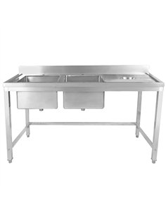 Commercial Stainless Steel Double Sink with 2 Left Bowls &amp Right Scrapping Hole + Splashback 1800x600x950mm | Stalwart DA-WHS
