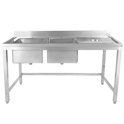 Commercial Stainless Steel Double Sink with 2 Left Bowls &amp Right Scrapping Hole + Splashback 1800x600x950mm | Stalwart DA-WHS
