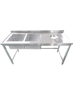Commercial Stainless Steel Double Sink with 2 Left Bowls &amp Right Scrapping Hole + Splashback 1800x700x950mm | Stalwart DA-WHS
