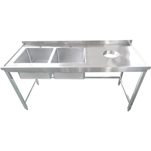 Commercial Stainless Steel Double Sink with 2 Left Bowls &amp Right Scrapping Hole + Splashback 1800x700x950mm | Stalwart DA-WHS