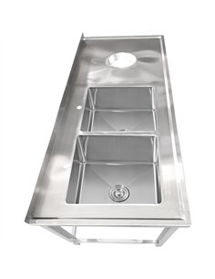 Commercial Stainless Steel Double Sink with 2 Left Bowls &amp Right Scrapping Hole + Splashback 1800x700x950mm | Stalwart DA-WHS 2