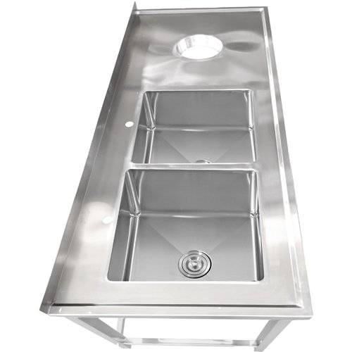 Commercial Stainless Steel Double Sink with 2 Left Bowls &amp Right Scrapping Hole + Splashback 1800x700x950mm | Stalwart DA-WHS