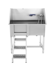 Stainless Steel Pet Grooming Bath Tub 966×622×1220mm with Sliding Door, Stair &amp 3‑Side Backsplash | Stalwart DA-PDBSLD62096