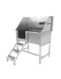 Stainless Steel Pet Grooming Bath Tub 966×622×1220mm with Sliding Door, Stair &amp 3‑Side Backsplash | Stalwart DA-PDBSLD62096 2