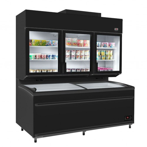 3 Door wall-mounted Refrigerated and Freezer Combo 210cm Wide, includes Chest Freezer Island
