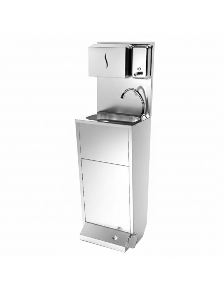 Commercial Stainless Steel Hand Wash Basin with Foot Pedal, Soap & Paper Towel Dispensers 430x385x1350mm | Stalwart
