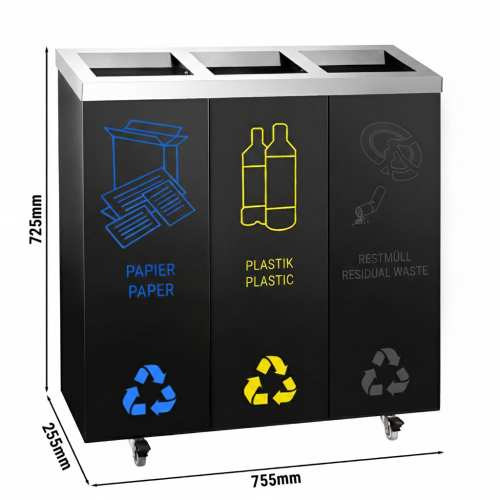 3 Bay Recycling Bin Station Easy Sorting 25ltr Each Mobile Waste Unit Castors