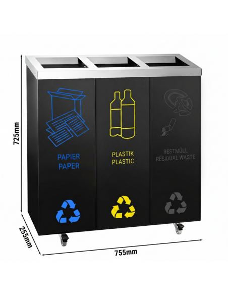 3 Bay Recycling Bin Station Easy Sorting 25ltr Each Mobile Waste Unit Castors