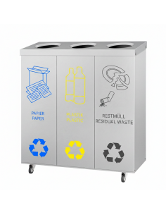 3 Bay Recycling Bin Station Stainless Steel, Easy Sorting 25ltr Each. Mobile Waste Unit