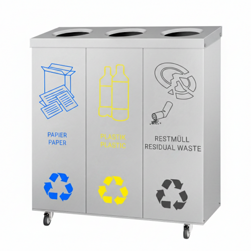 3 Bay Recycling Bin Station Stainless Steel, Easy Sorting 25ltr Each. Mobile Waste Unit