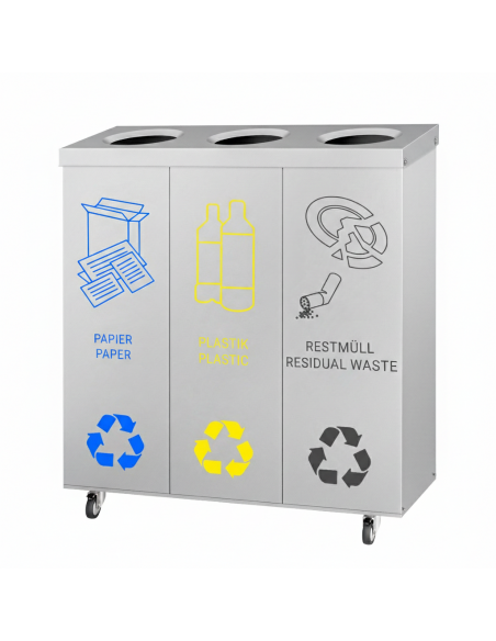 3 Bay Recycling Bin Station Stainless Steel, Easy Sorting 25ltr Each. Mobile Waste Unit