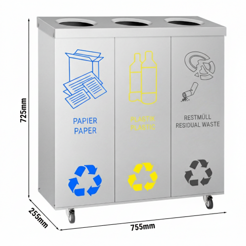 3 Bay Recycling Bin Station Stainless Steel, Easy Sorting 25ltr Each. Mobile Waste Unit