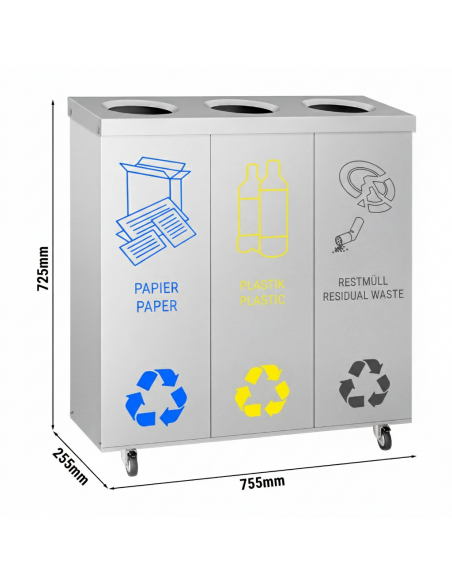 3 Bay Recycling Bin Station Stainless Steel, Easy Sorting 25ltr Each. Mobile Waste Unit