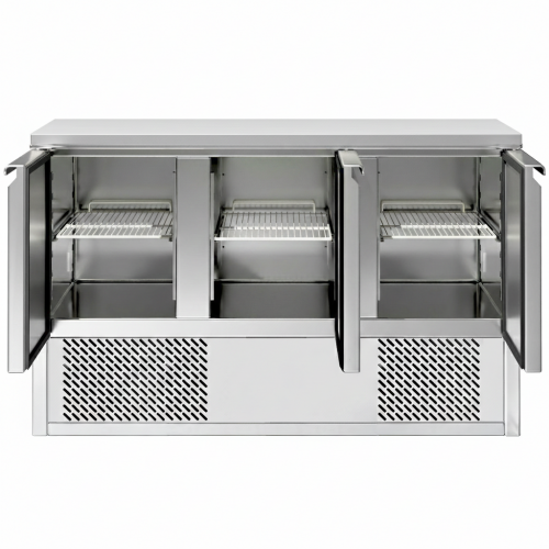3 Door Refrigerated Counter – 368Ltr Stainless Steel Prep Fridge with Undercounter Storage for Commercial Kitchens PREMIUM RANGE