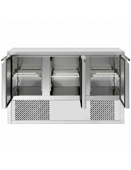3 Door Refrigerated Counter – 368Ltr Stainless Steel Prep Fridge with Undercounter Storage for Commercial Kitchens PREMIUM RANGE