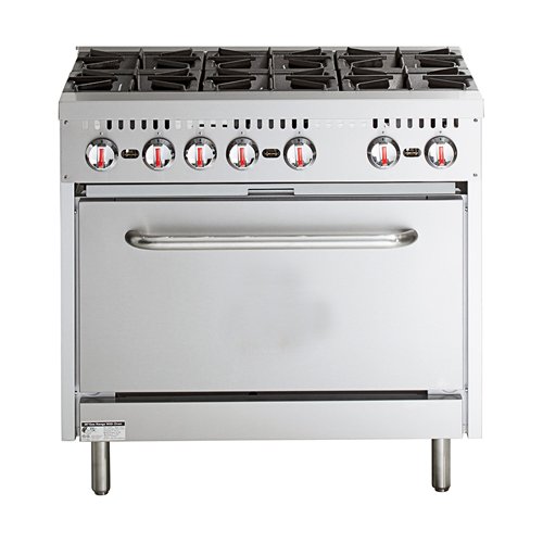Professional Stainless Steel Gas Range Oven (8kW/hr) with 6 Burners (36kW/hr) and Removable Overshelf | Stalwart DA-RGR36X