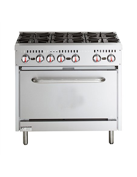 Professional Stainless Steel Gas Range Oven (8kW/hr) with 6 Burners (36kW/hr) and Removable Overshelf | Stalwart DA-RGR36X