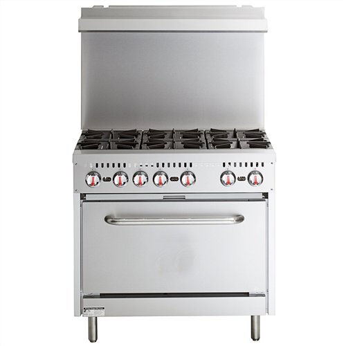 Professional Stainless Steel Gas Range Oven (8kW/hr) with 6 Burners (36kW/hr) and Removable Overshelf | Stalwart DA-RGR36X