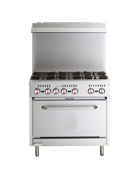Professional Stainless Steel Gas Range Oven (8kW/hr) with 6 Burners (36kW/hr) and Removable Overshelf | Stalwart DA-RGR36X