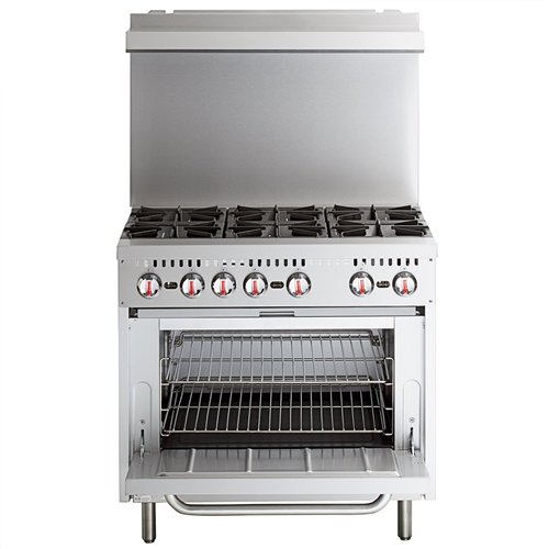 Professional Stainless Steel Gas Range Oven (8kW/hr) with 6 Burners (36kW/hr) and Removable Overshelf | Stalwart DA-RGR36X