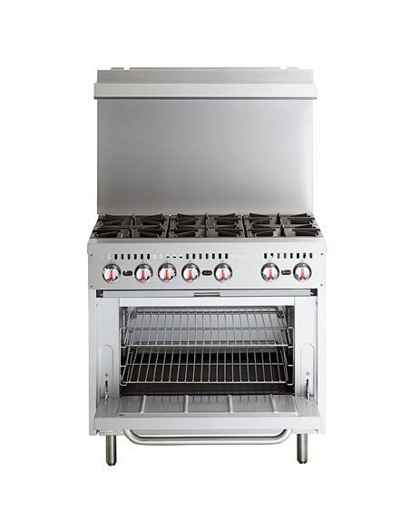Professional Stainless Steel Gas Range Oven (8kW/hr) with 6 Burners (36kW/hr) and Removable Overshelf | Stalwart DA-RGR36X