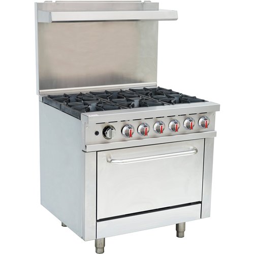Professional Stainless Steel Gas Range Oven (8kW/hr) with 6 Burners (36kW/hr) and Removable Overshelf | Stalwart DA-RGR36X