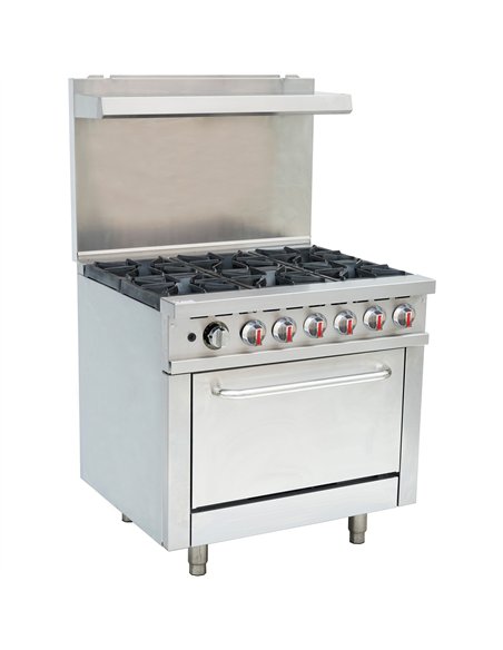 Professional Stainless Steel Gas Range Oven (8kW/hr) with 6 Burners (36kW/hr) and Removable Overshelf | Stalwart DA-RGR36X