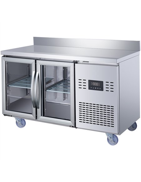 Commercial 2 Glass Door Counter Fridge with Upstand - Stainless Steel Prep Fridge 1349×700×950mm | Stalwart DA-SUP120
