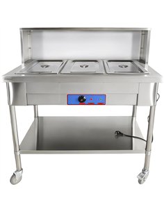 Mobile Bain Marie Food Warmer Table with Overshelf 3×GN1/1 Stainless Steel 1150×680×1350mm | Stalwart DA-PFD12070