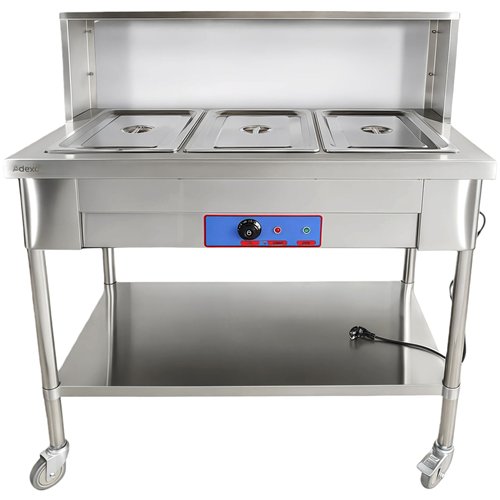Mobile Bain Marie Food Warmer Table with Overshelf 3×GN1/1 Stainless Steel 1150×680×1350mm | Stalwart DA-PFD12070