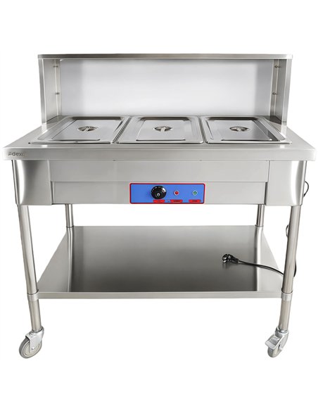 Mobile Bain Marie Food Warmer Table with Overshelf 3×GN1/1 Stainless Steel 1150×680×1350mm | Stalwart DA-PFD12070