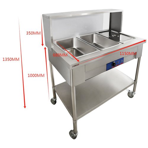 Mobile Bain Marie Food Warmer Table with Overshelf 3×GN1/1 Stainless Steel 1150×680×1350mm | Stalwart DA-PFD12070