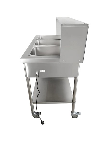 Mobile Bain Marie Food Warmer Table with Overshelf 3×GN1/1 Stainless Steel 1150×680×1350mm | Stalwart DA-PFD12070
