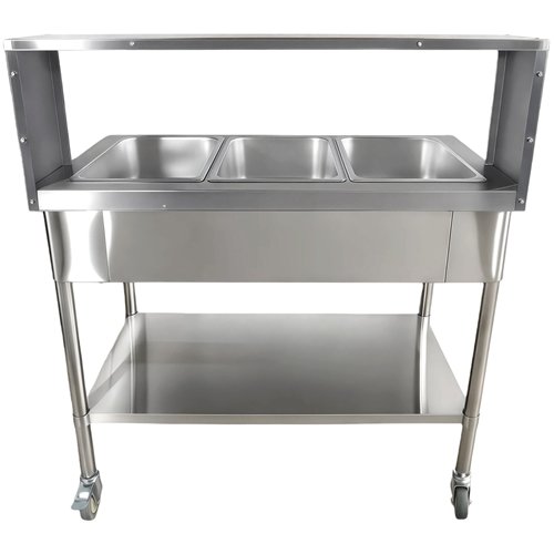 Mobile Bain Marie Food Warmer Table with Overshelf 3×GN1/1 Stainless Steel 1150×680×1350mm | Stalwart DA-PFD12070