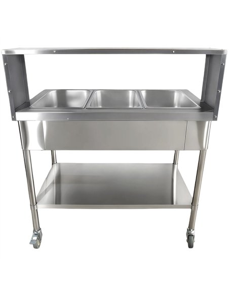 Mobile Bain Marie Food Warmer Table with Overshelf 3×GN1/1 Stainless Steel 1150×680×1350mm | Stalwart DA-PFD12070