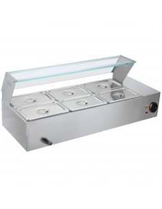 Commercial Stainless Steel Bain Marie with Glass Guard and 6 × 1/2 GN Pans &amp Lids 1100×570×385mm | Stalwart DA-M2223