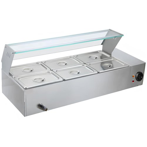 Commercial Stainless Steel Bain Marie with Glass Guard and 6 × 1/2 GN Pans &amp Lids 1100×570×385mm | Stalwart DA-M2223