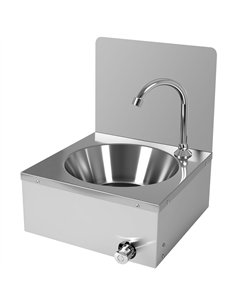 Knee Operated Wall Mounted Hand Wash Sink with Hot &amp Cold Mixer Tap and 300mm Backsplash | Stalwart DA-WBR30CHB