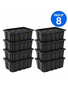 Commercial 60L Plastic Storage Box with Snap Lid Set of 8 PP Black with Blue Clips 625 x 415 x 340mm | Stalwart DA-H0060SETOF8