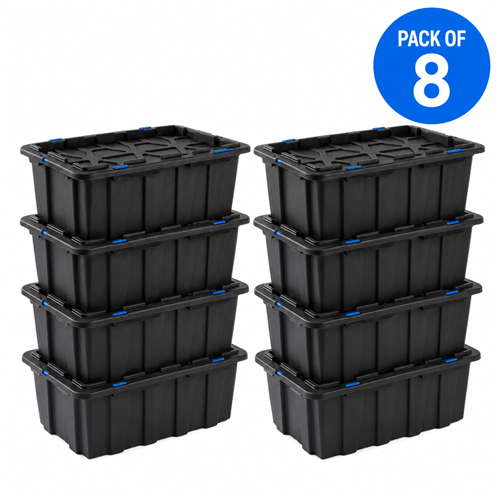 Commercial 60L Plastic Storage Box with Snap Lid Set of 8 PP Black with Blue Clips 625 x 415 x 340mm | Stalwart DA-H0060SETOF8