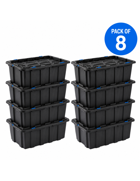 Commercial 60L Plastic Storage Box with Snap Lid Set of 8 PP Black with Blue Clips 625 x 415 x 340mm | Stalwart DA-H0060SETOF8