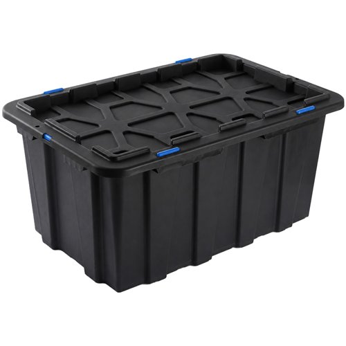 Commercial 60L Plastic Storage Box with Snap Lid Set of 8 PP Black with Blue Clips 625 x 415 x 340mm | Stalwart DA-H0060SETOF8